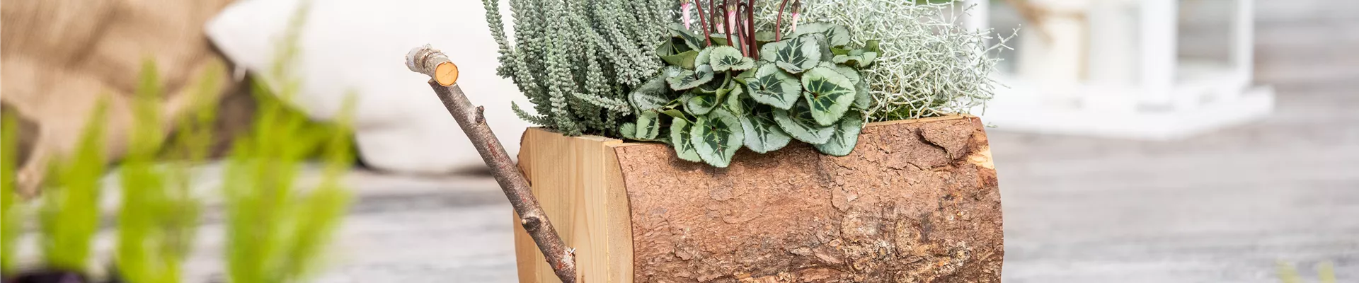 Pflanzgefäß aus Holz im Ambiente